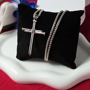 Silver Three Nails Cross Pendant Necklace 22” Chain | Christian Faith Jewelry